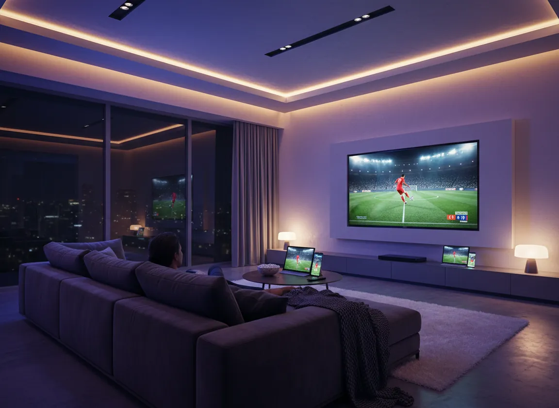 Regarder l'IPTV France sur une grande Smart TV 4K dans un salon moderne